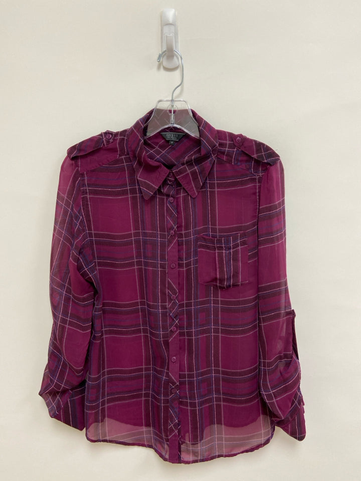 Guess Size M Purple Black/White Plaid Button Up Sheer Ladies Top