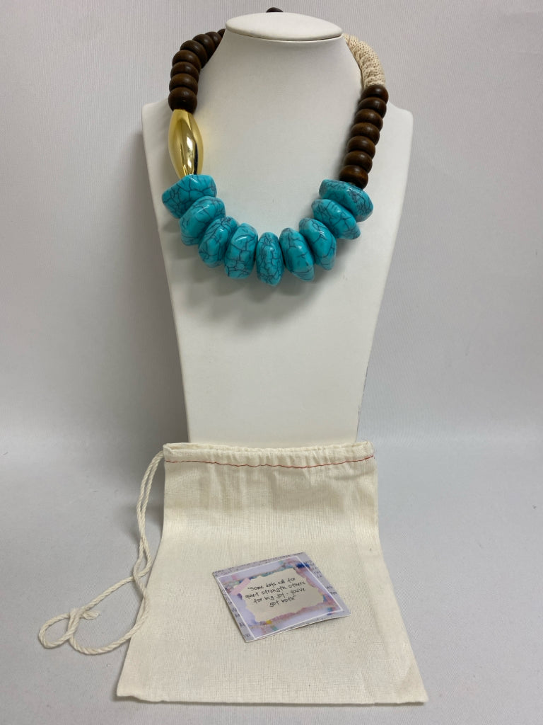 NEW/PKG Turquoise Gold/Brown Beaded Necklace