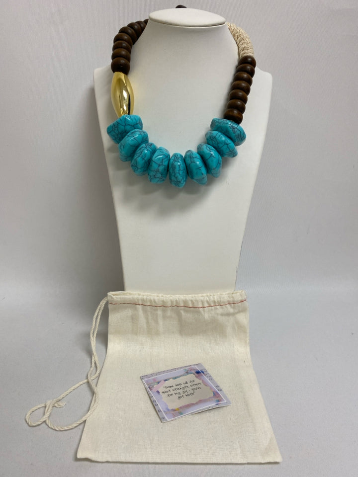 NEW/PKG Turquoise Gold/Brown Beaded Necklace