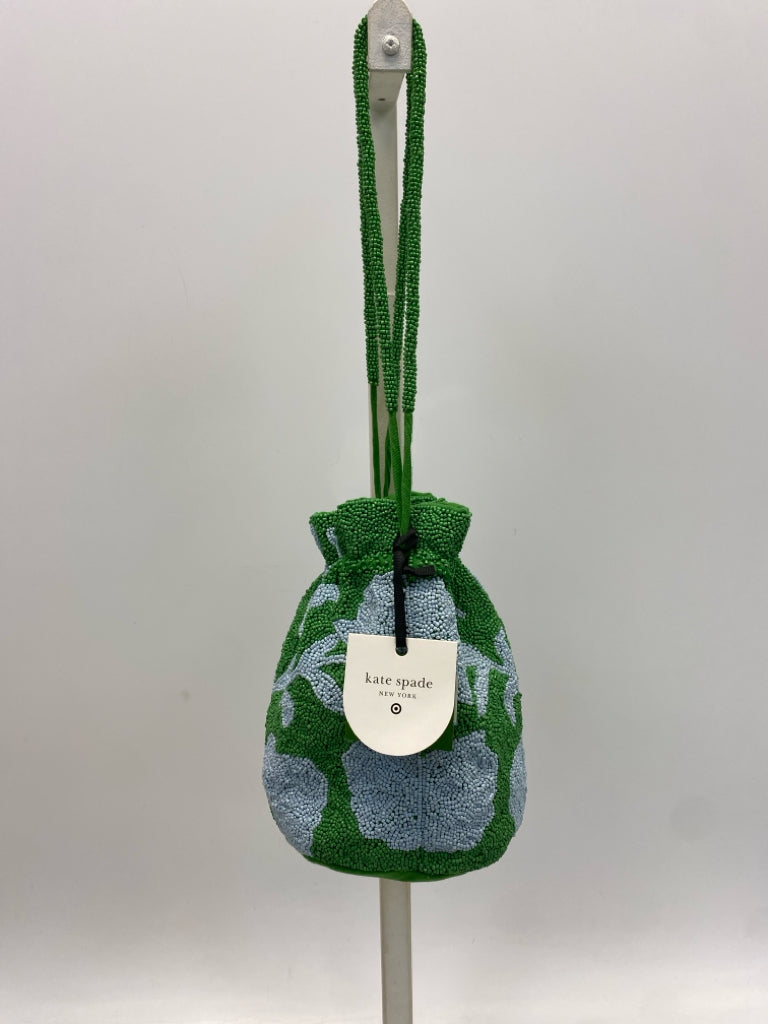 NWT Kate Spade Kelly Green Pale Blue Beaded Flowers Handbag