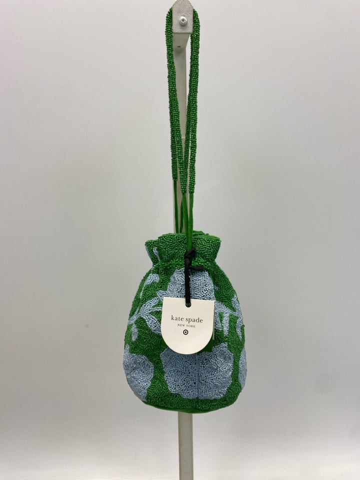 NWT Kate Spade Kelly Green Pale Blue Beaded Flowers Handbag