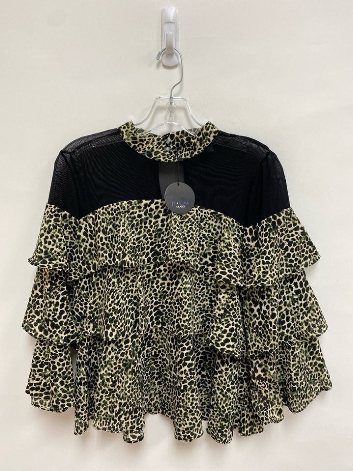 NWT Size M Black Tan/Green Animal Print Tiered Mesh Ladies Top