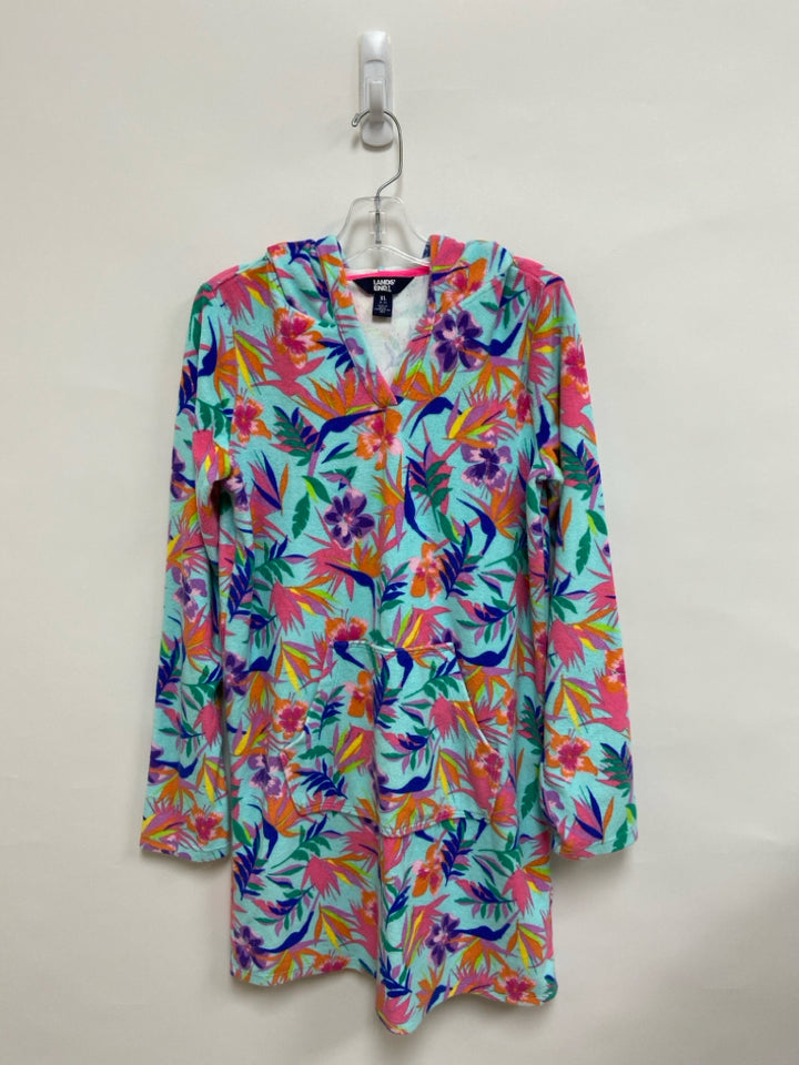Lands End SIZE 14/16 Aqua/Pink Orange/Multi Tropical Hooded Girl&