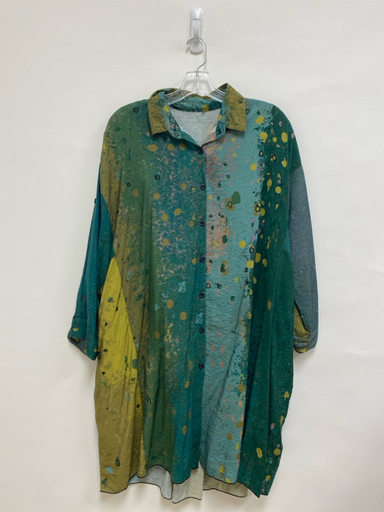 3 Potato Size XL Green Mustard Abstract Tunic Ladies Top