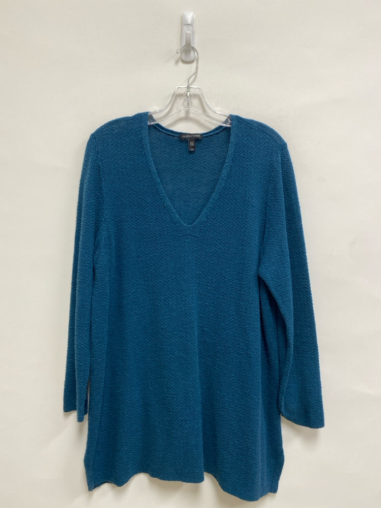 Eileen Fisher Size L Dark Turquiose Texture Linen Blend Ladies Sweater
