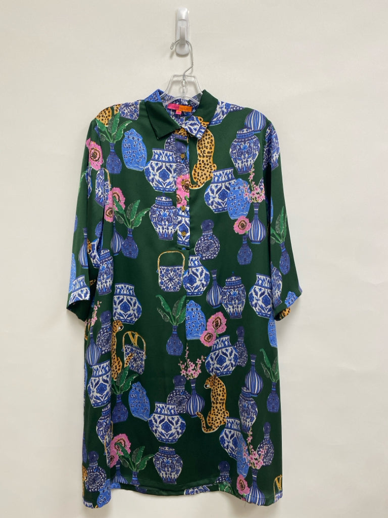VILAGALLO Size 40 Green Blue/Multi Assorted Print 3/4 Sleeve Ladies Dress
