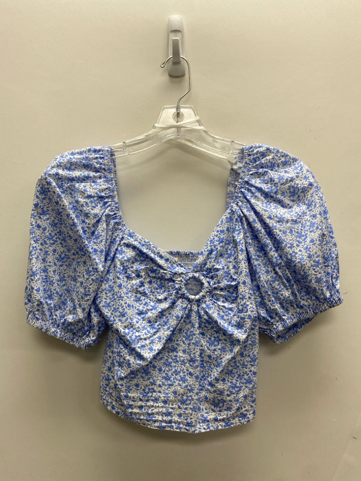 SIM &amp; SAM Size M White Blue Flowers Puff Sleeve Ladies Top