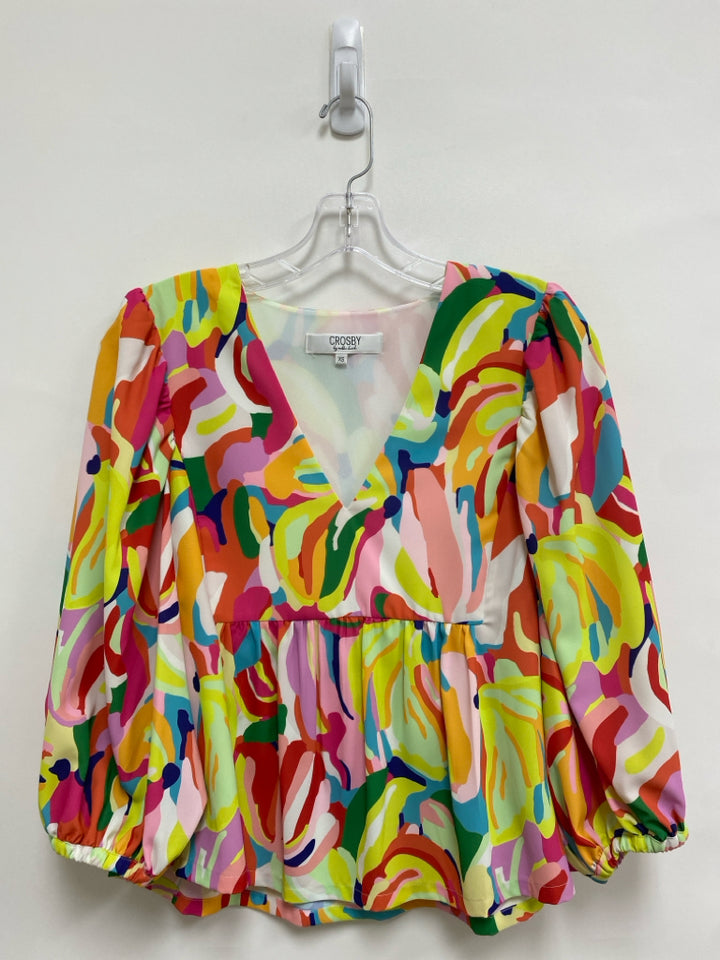 Crosby Size XS Green/Pink Yellow/Multi Abstract Puff Sleeve Ladies Top