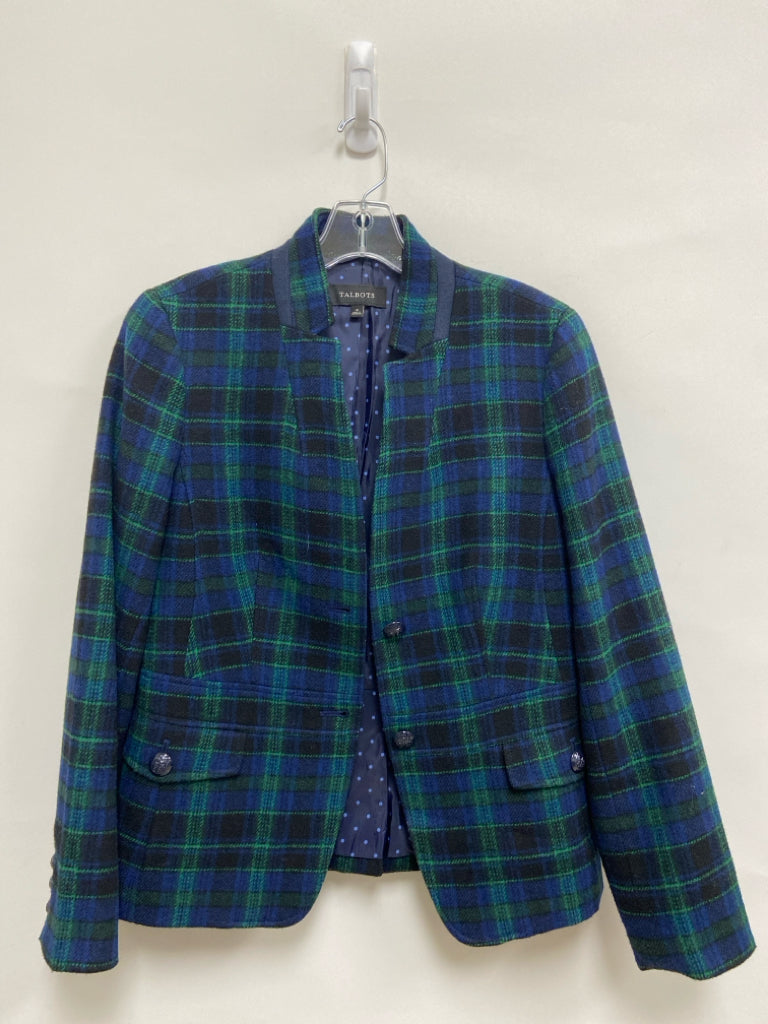 Talbots Size 6 Navy Green/Black Plaid Short Sleeve Wool Ladies Jacket