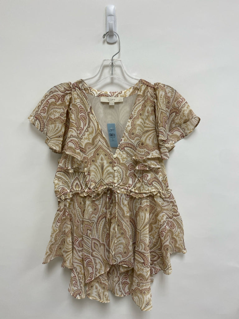 NWT LOFT Size MP Beige/White Red/Brown Print Petite Top