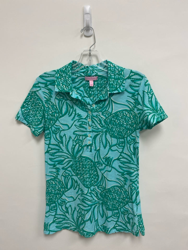 LILLY PULITZER Size L Aqua Teal Green Pineapples Polo Ladies Top