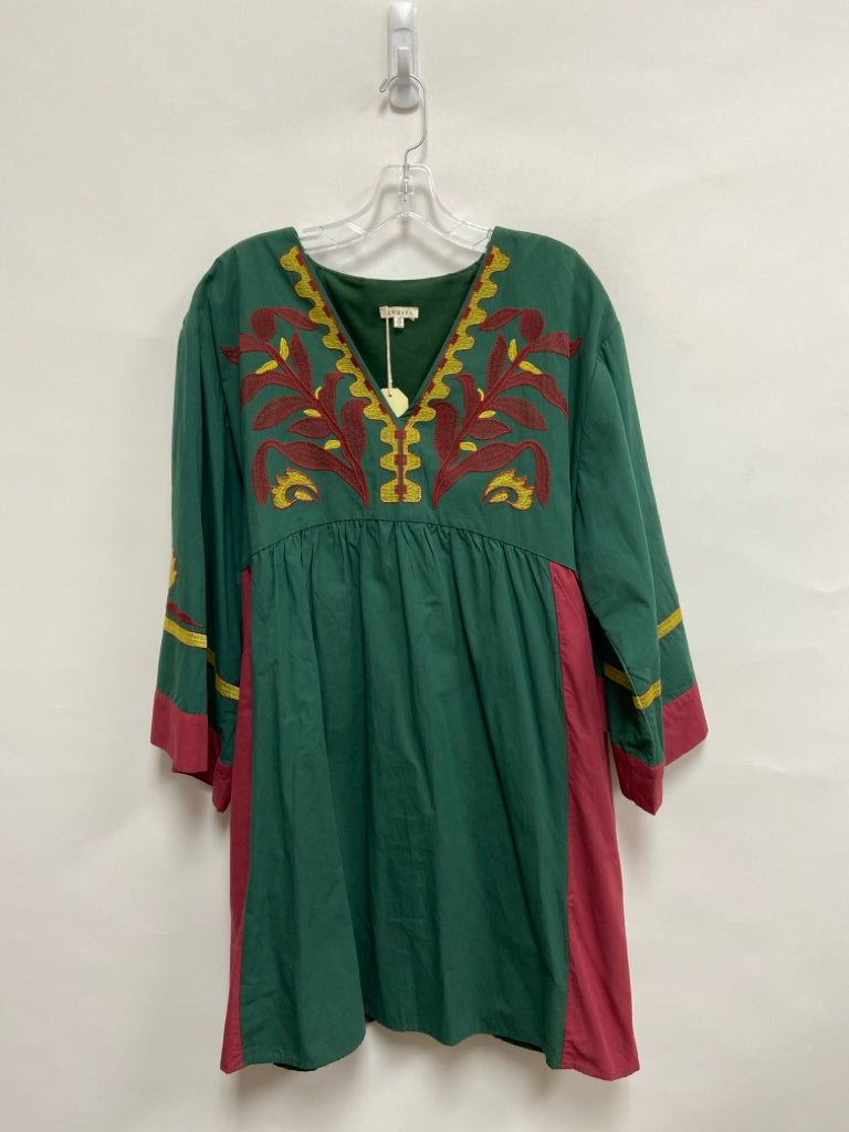 NWT Jodifl Size M Green/Yellow Burgundy Embroidered Bell Sleeves Ladies Dress