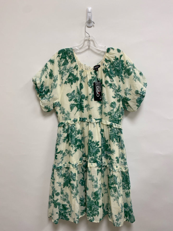 NWT GiGiO Size M Cream Seafoam/Green Flowers Puff Sleeve Ladies Dress