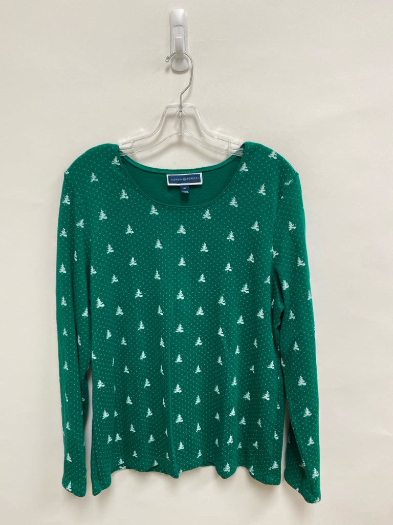 Karen Scott Size XL Green White Trees Long Sleeve Ladies Top