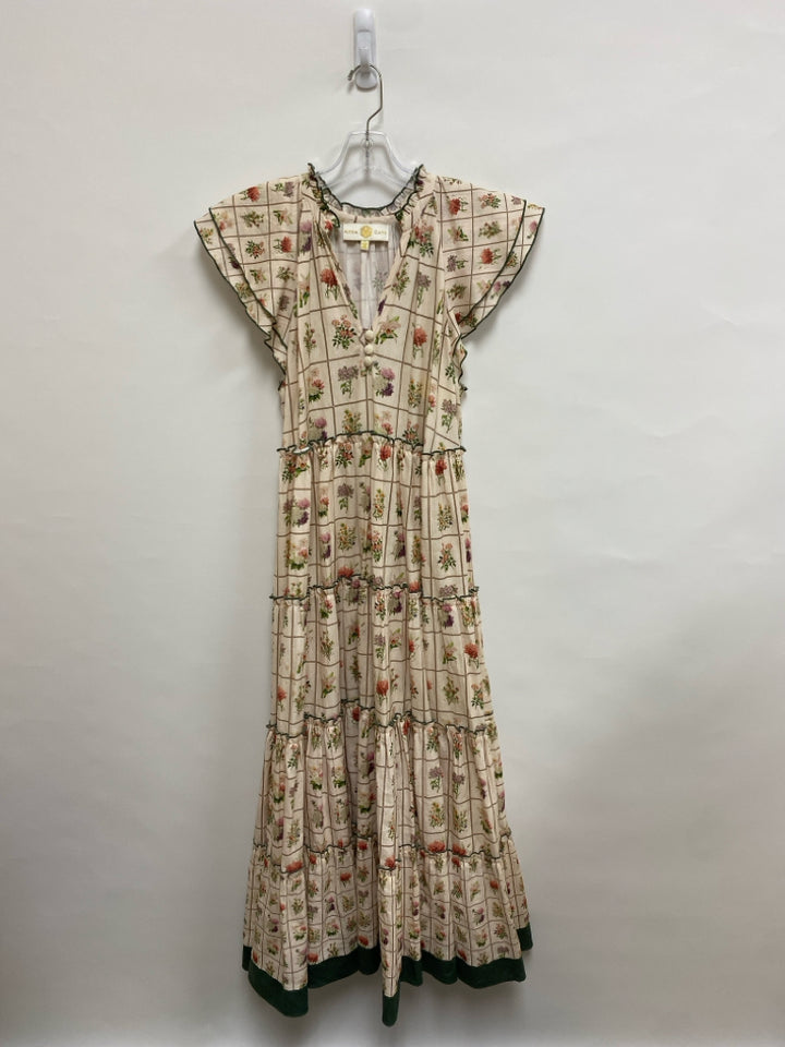 ANNA CATE Size L Cream/Olive Multi Color Flowers Maxi Ladies Dress