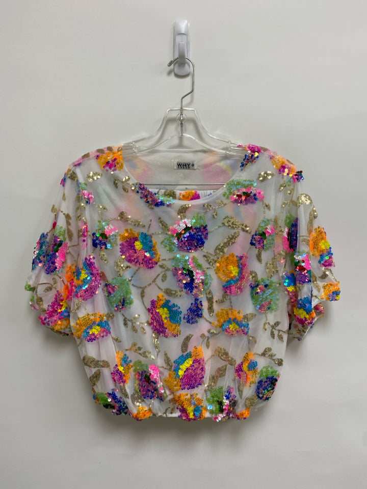 NWT Size M White Gold/Multi Flowers Sequins Ladies 2pc Shorts