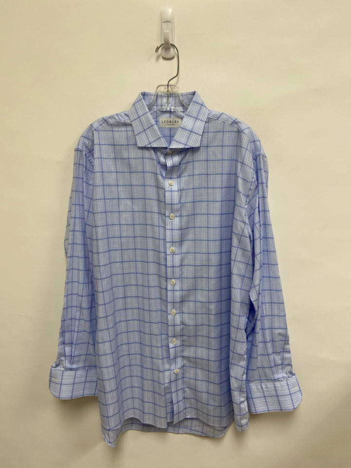 Ledbury Size 17 Powder Blue Navy Windowpane Button Up Men&