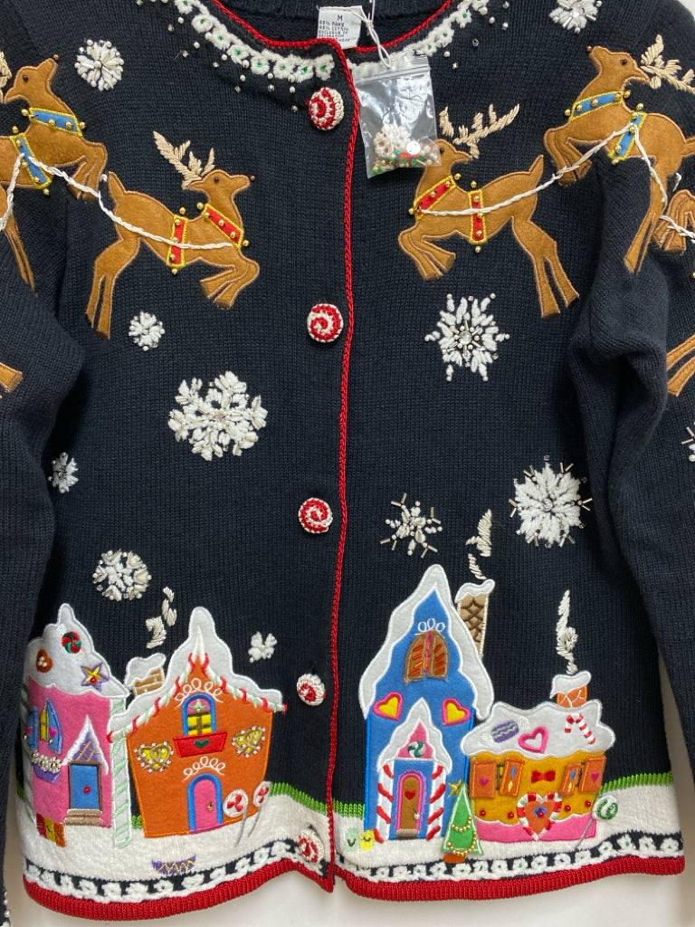 Michael Simon Size M Black Brown/White Reindeer Embroidered Ladies Sweater