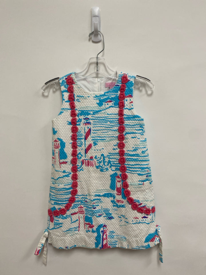 LILLY PULITZER SIZE 6 White/Pink Turquoise Texture Sleeveless Girl&