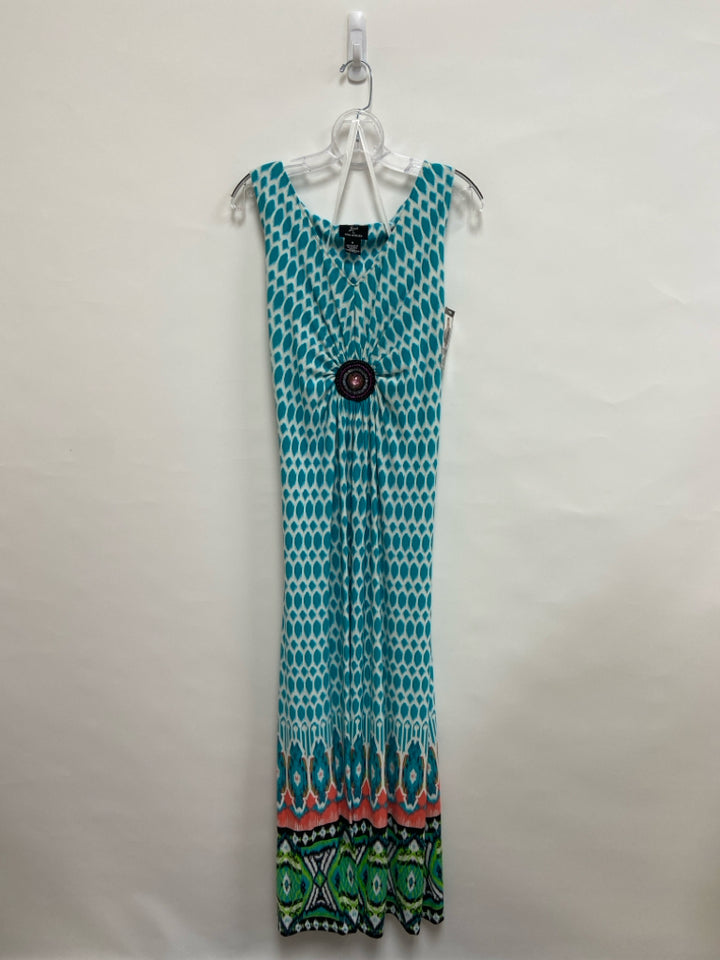 NWT Nina Leonard  SIZE  1X Aqua/White Animal Print Maxi Plus Size Dress