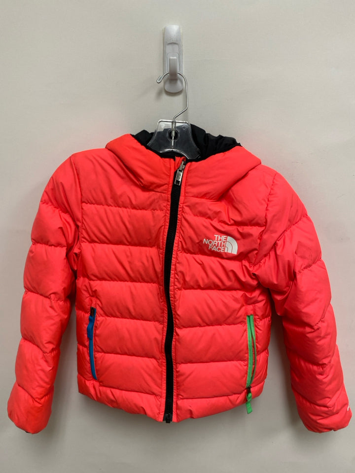 North Face SIZE 6 Neon Coral Black Puffer Hooded Girl&