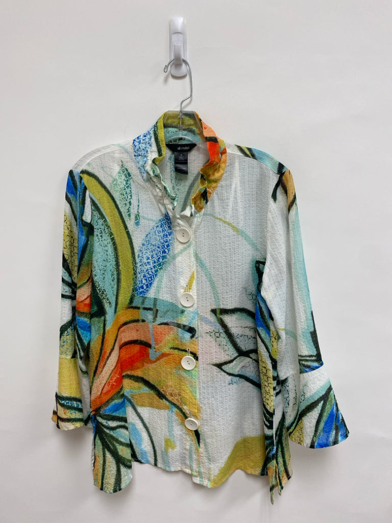 Ali Miles Size M White Multi Color Abstract Bell Sleeves Ladies Top