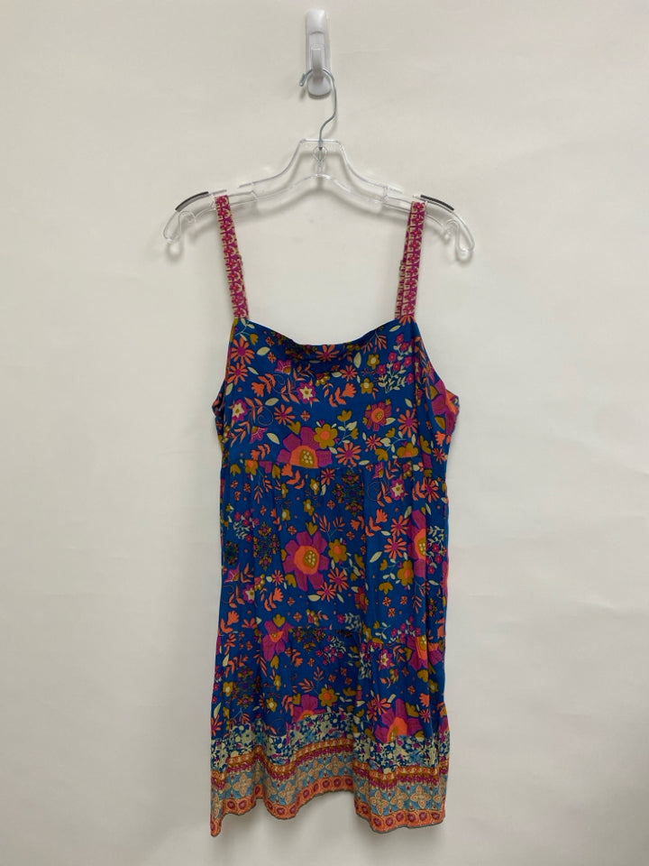 Natural Life Size L Teal Blue Purple/Multi Flowers Sleeveless Ladies Dress