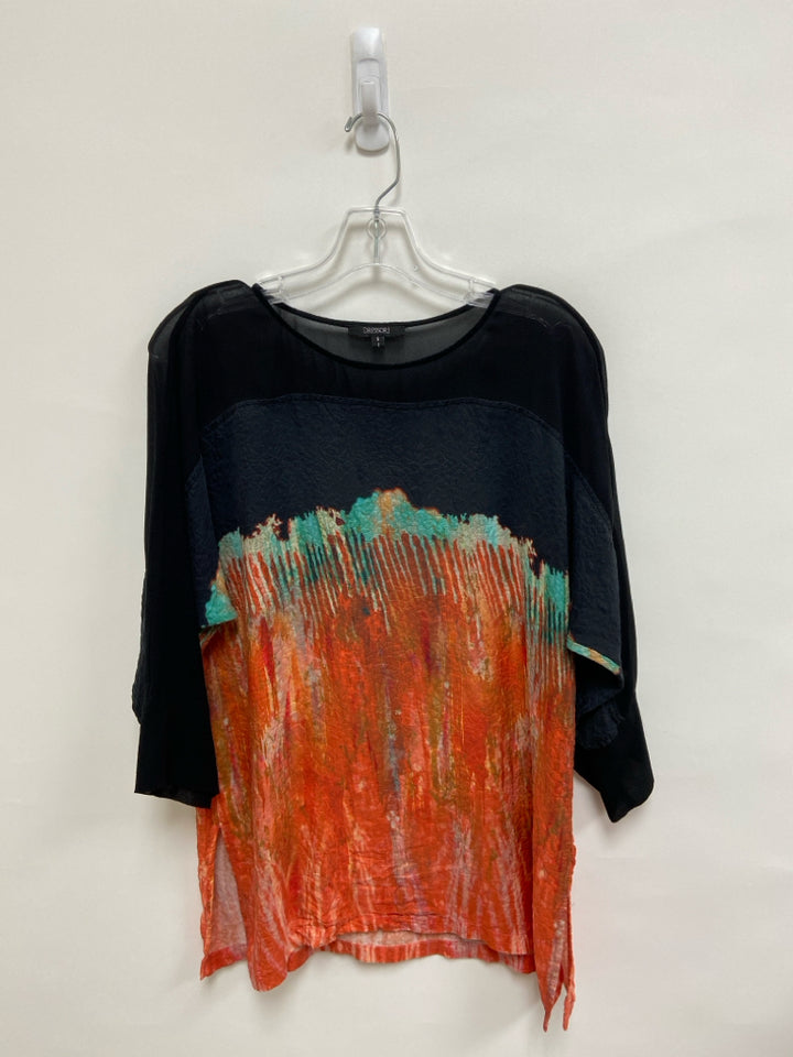 Size S Black Aqua/Orange Abstract Silk Ladies Top