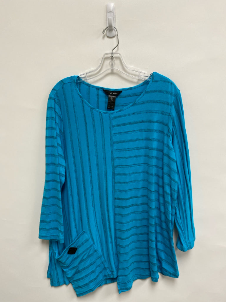 Ali Miles Size L Turquoise Charcoal Striped Ladies Top