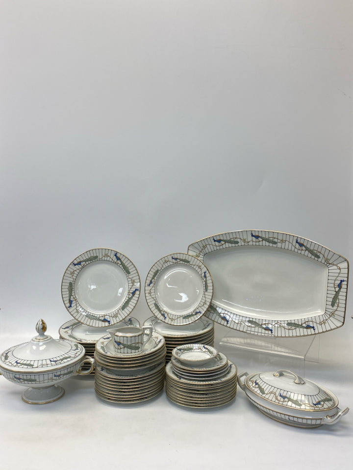 White Blue/Green Peacock China Dishes