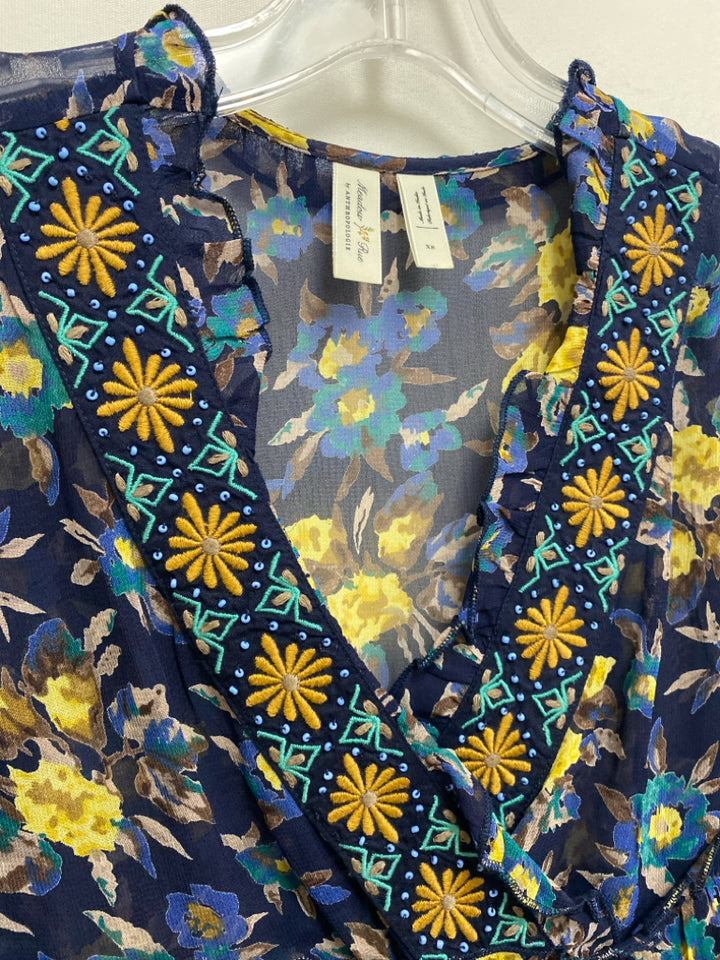 Meadow Rue Size XS Navy/Beige Yellow/Blue Floral Sheer Ladies Top