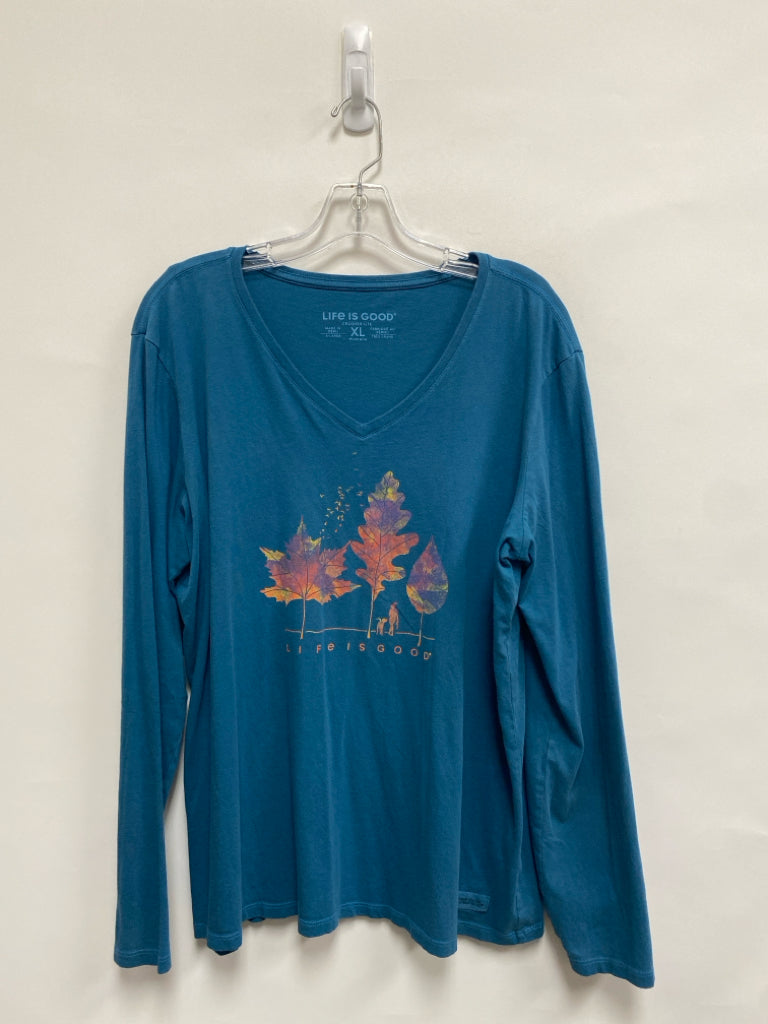 Life is Good Size XL Teal Blue Leaves Long Sleeve Ladies Top