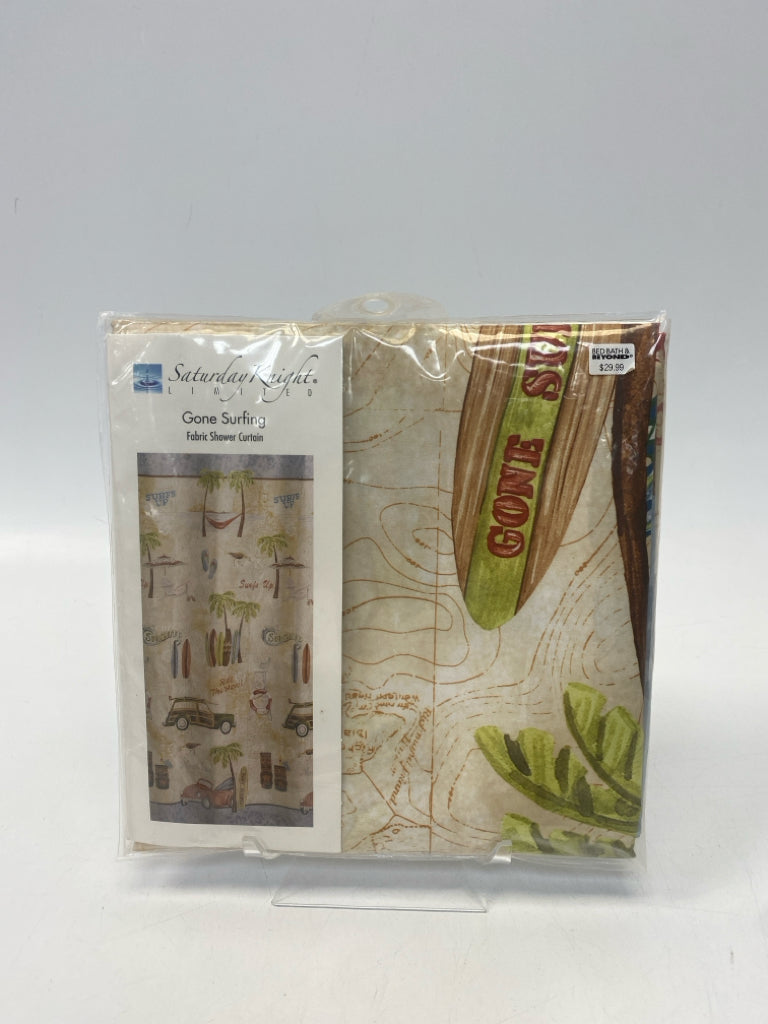 NEW/PKG Tan Green/Multi Surfing Fabric Shower Curtain