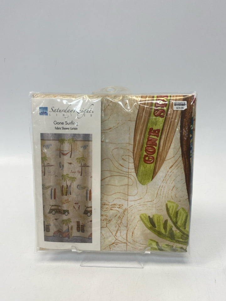 NEW/PKG Tan Green/Multi Surfing Fabric Shower Curtain