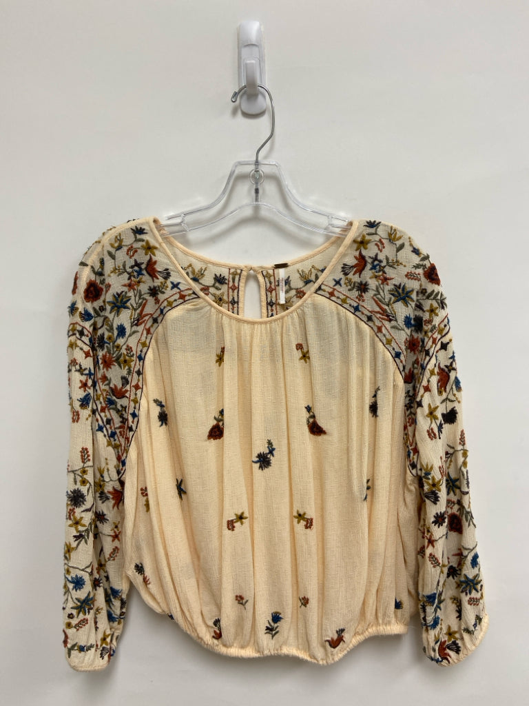 Free People Size M Cream Olive/Brown Embroidered Ladies Top