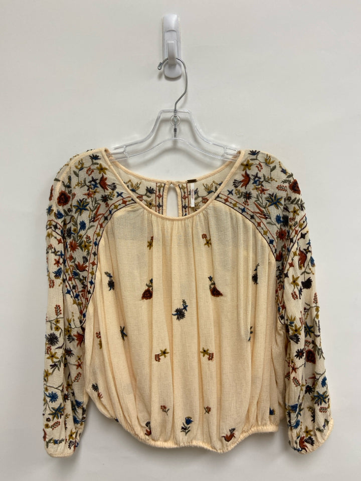 Free People Size M Cream Olive/Brown Embroidered Ladies Top