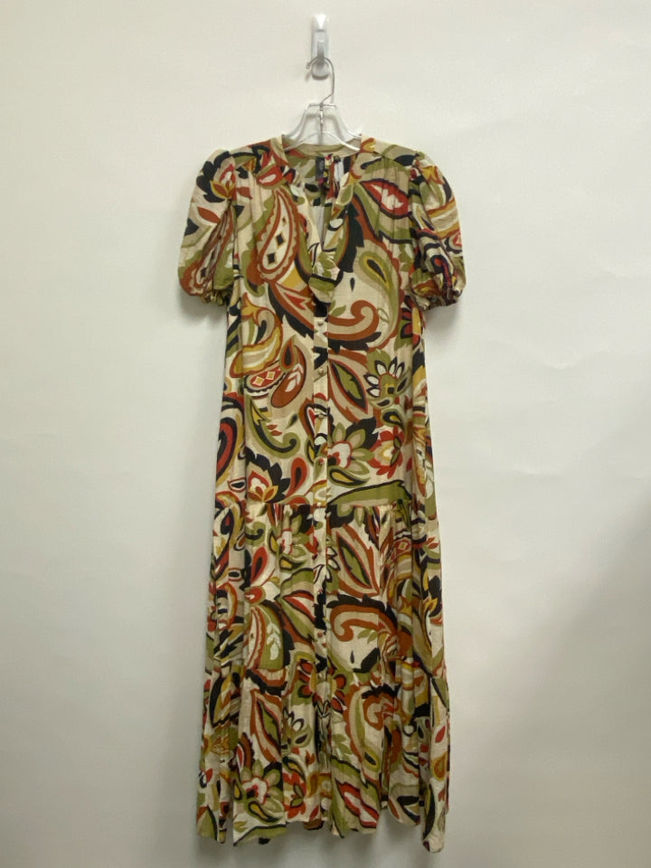 VINCE CAMUTO Size XS Beige/Blk Olive/Multi Acanthus Button Up Ladies Dress