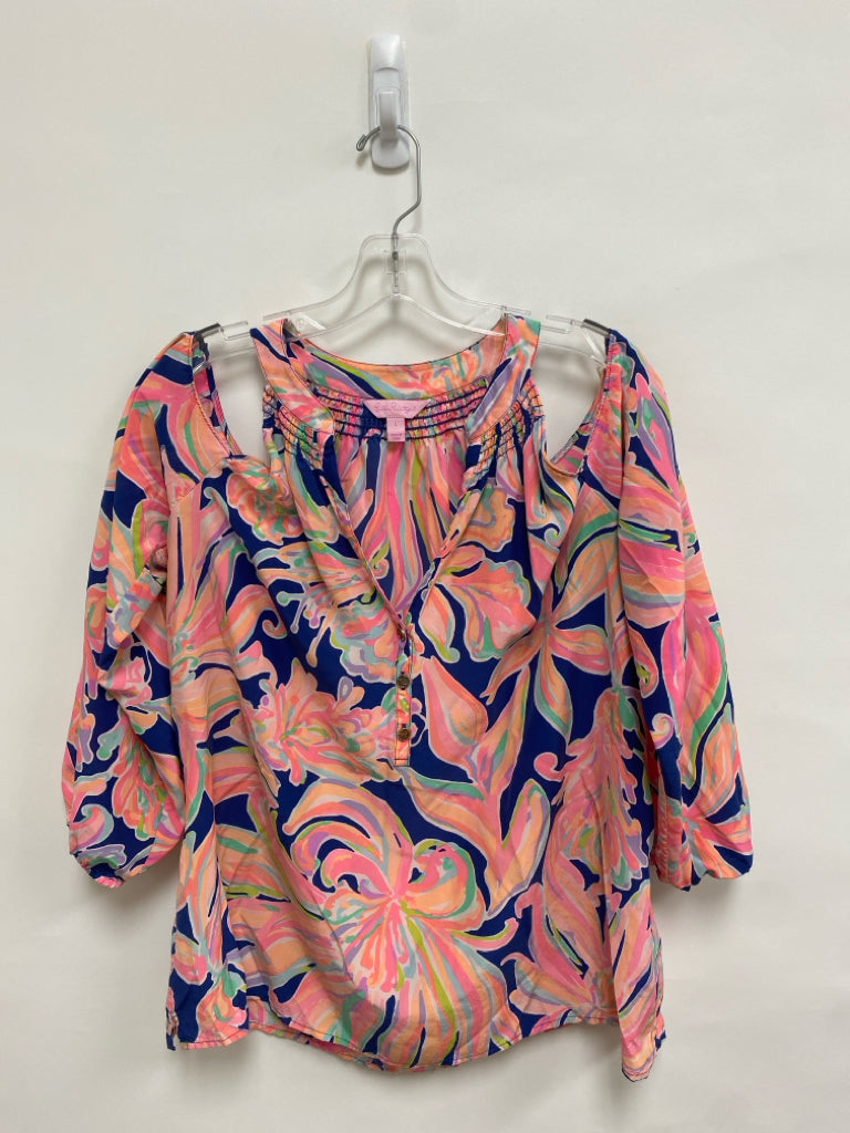 LILLY PULITZER Size L Aqua/Navy Coral/Multi Floral Cold Shoulder Silk Ladies Top