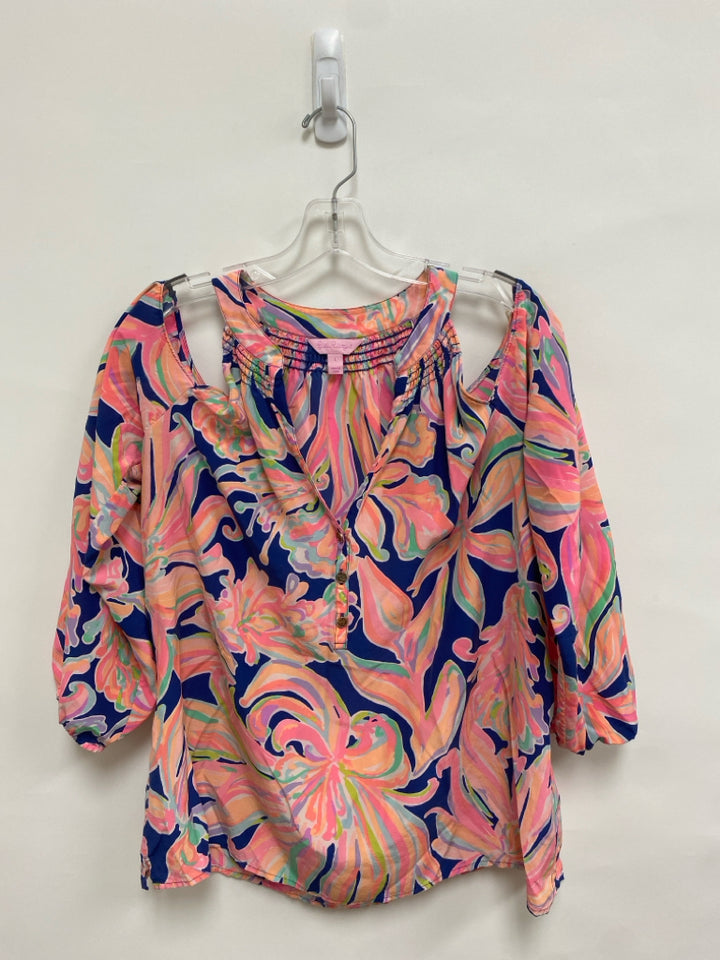 LILLY PULITZER Size L Aqua/Navy Coral/Multi Floral Cold Shoulder Silk Ladies Top