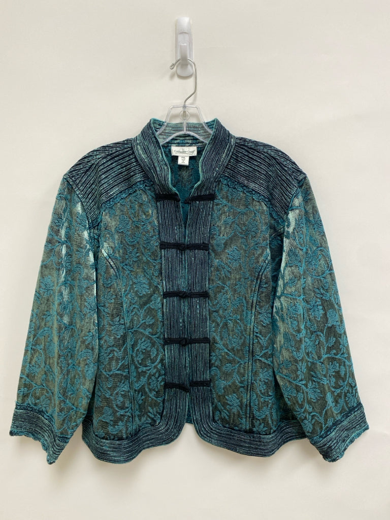 Coldwater Creek Size XLP Teal Blue Black Flowers Button Up Petite Jacket