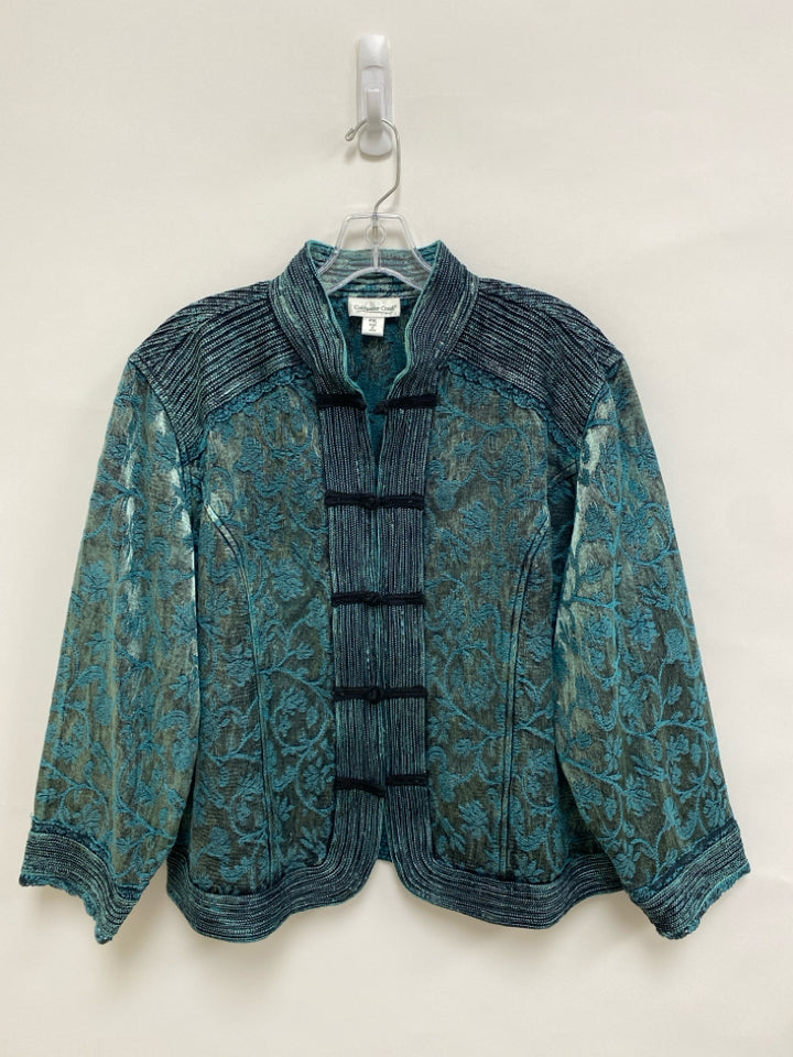 Coldwater Creek Size XLP Teal Blue Black Flowers Button Up Petite Jacket