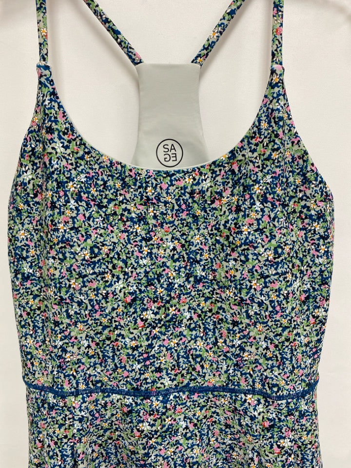 SAGE Size S Seafoam/White Blue/Pink Flowers Sleeveless Athletic Dress
