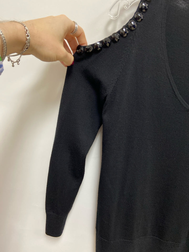 Trina Turk Size M Black Beaded Cold Shoulder Merino Ladies Sweater