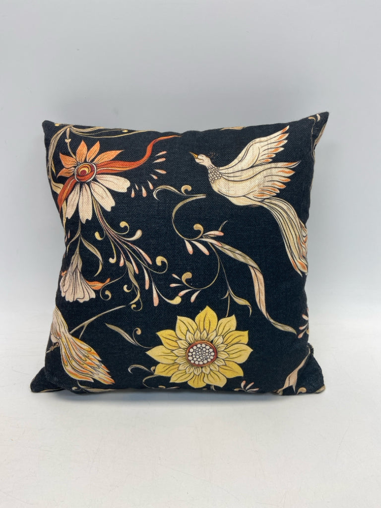 Black Multi Color Birds/Flowers Pillow