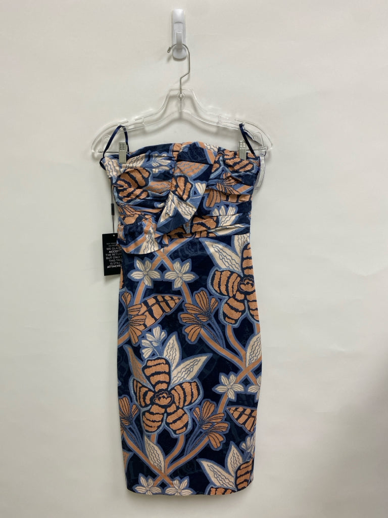 NWT Wht House/Blk Mkt Size 2 Navy/Blue Cream/Tan Floral Strapless Ladies Dress