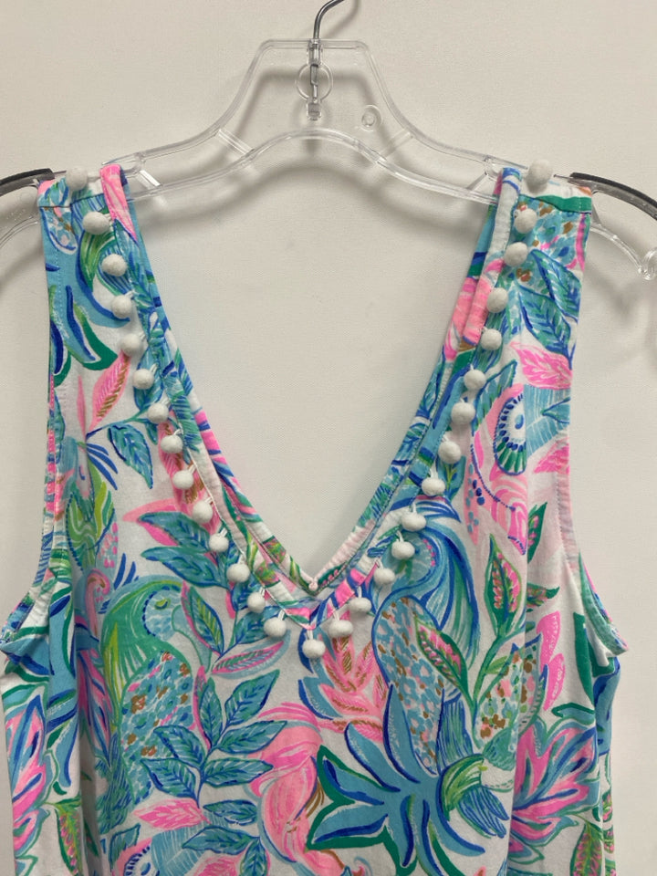 LILLY PULITZER Size L Aqua Pink/Green Tropical Sleeveless Ladies Dress