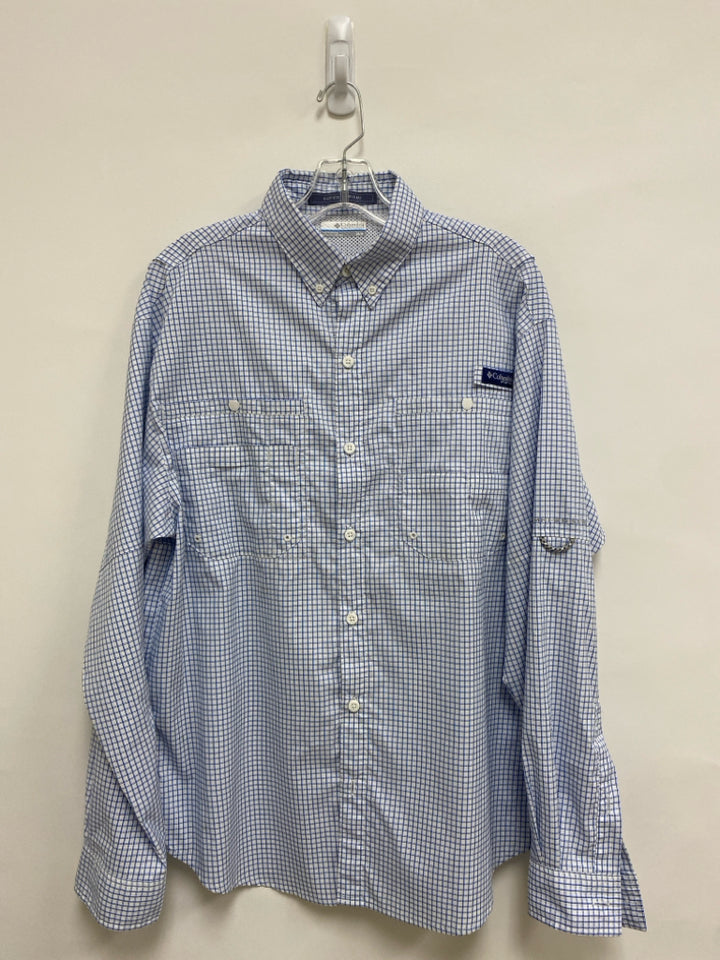Columbia Size M White Blue Squares Button Up Men&