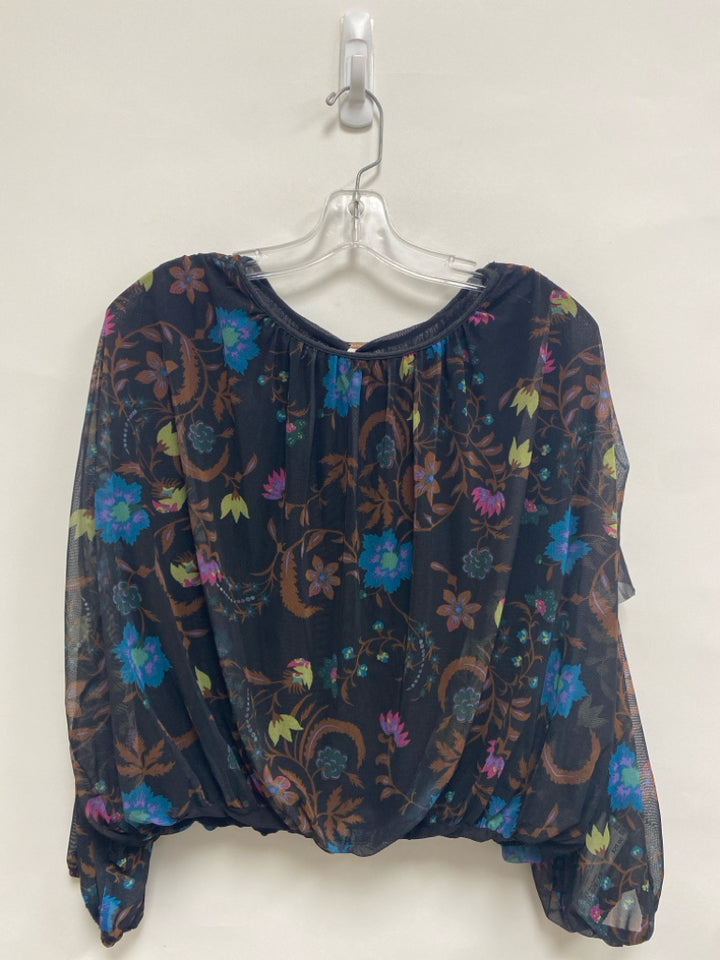 Free People Size XS Black/Blue Brown/Green Floral Cropped Sheer Ladies Top