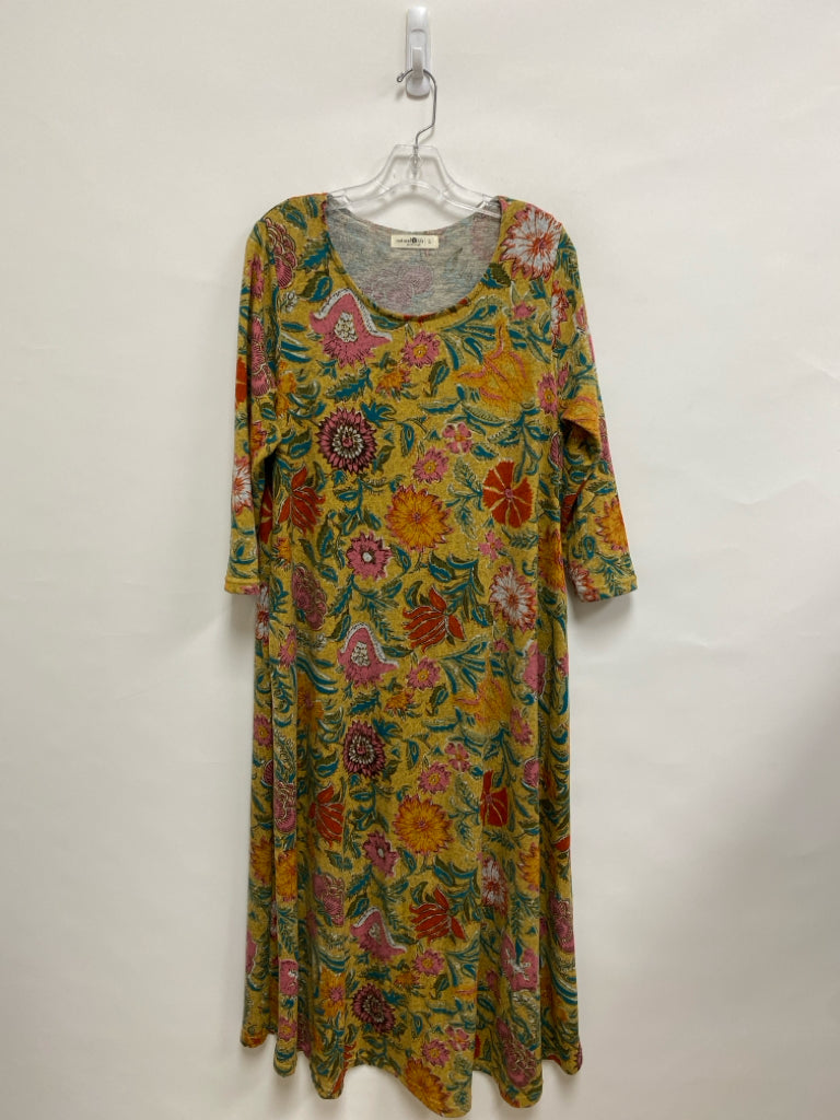 Natural Life Size L Yellow/Orange Turquoise/Multi Floral 3/4 Sleeve Ladies Dress