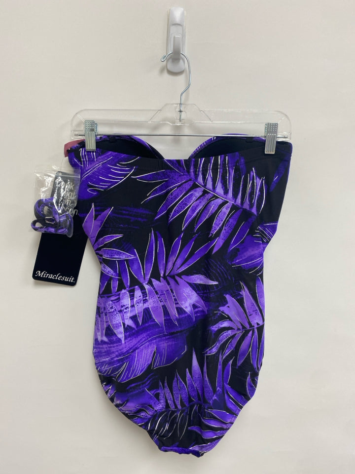 NWT Miraclesuit Size 10 Black Purple Leaves Ladies Swimwear